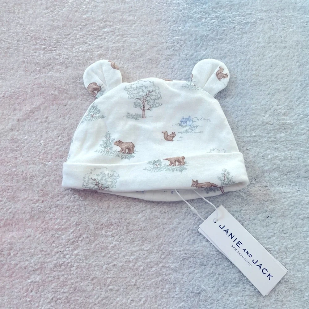 Janie and Jack Woodland Toile Animal Print Baby Hat - 0-3 Months
